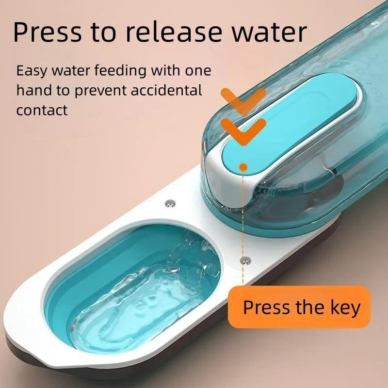 Portable blue dog water bottle with foldable silicone drinking bowl extended