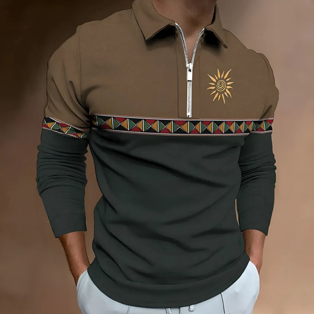 Men's retro colour print long sleeve t-shirt with zipper decorations in loose fit