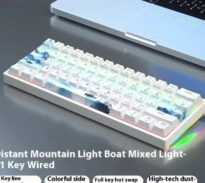 Blue and white 61-key mechanical keyboard with compact layout and hot-swappable switches