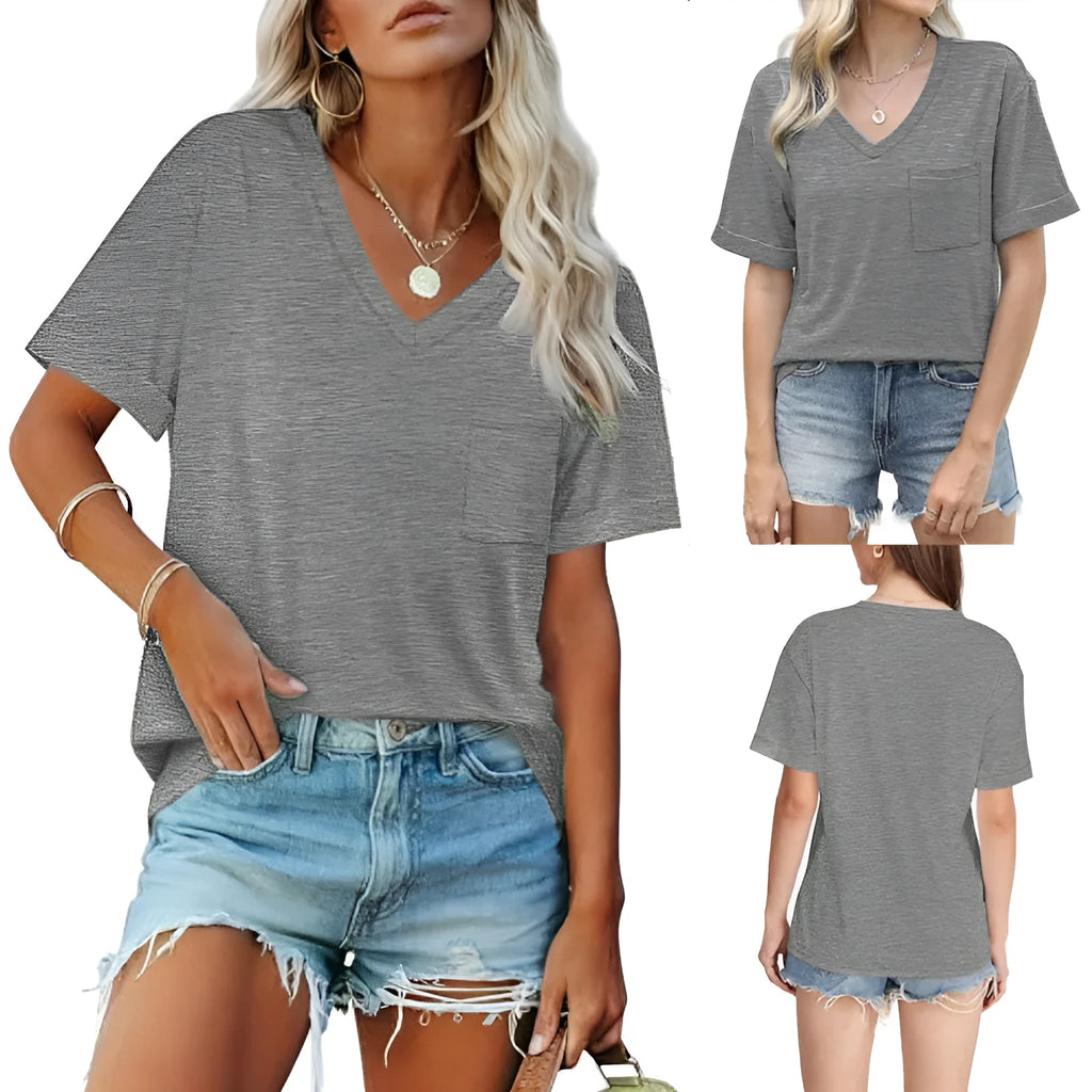 Grey loose-fit V-neck t-shirt with a chest pocket on a hanger.