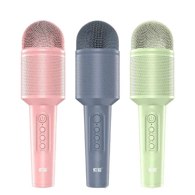 Wireless Bluetooth karaoke microphone in pink, blue, and green colour options showing integrated audio design.