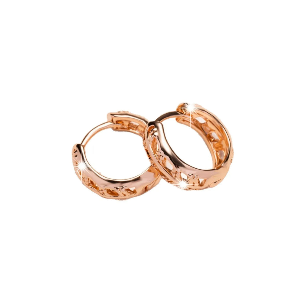 Rose gold plated copper earrings with hollowed leaf and heart designs