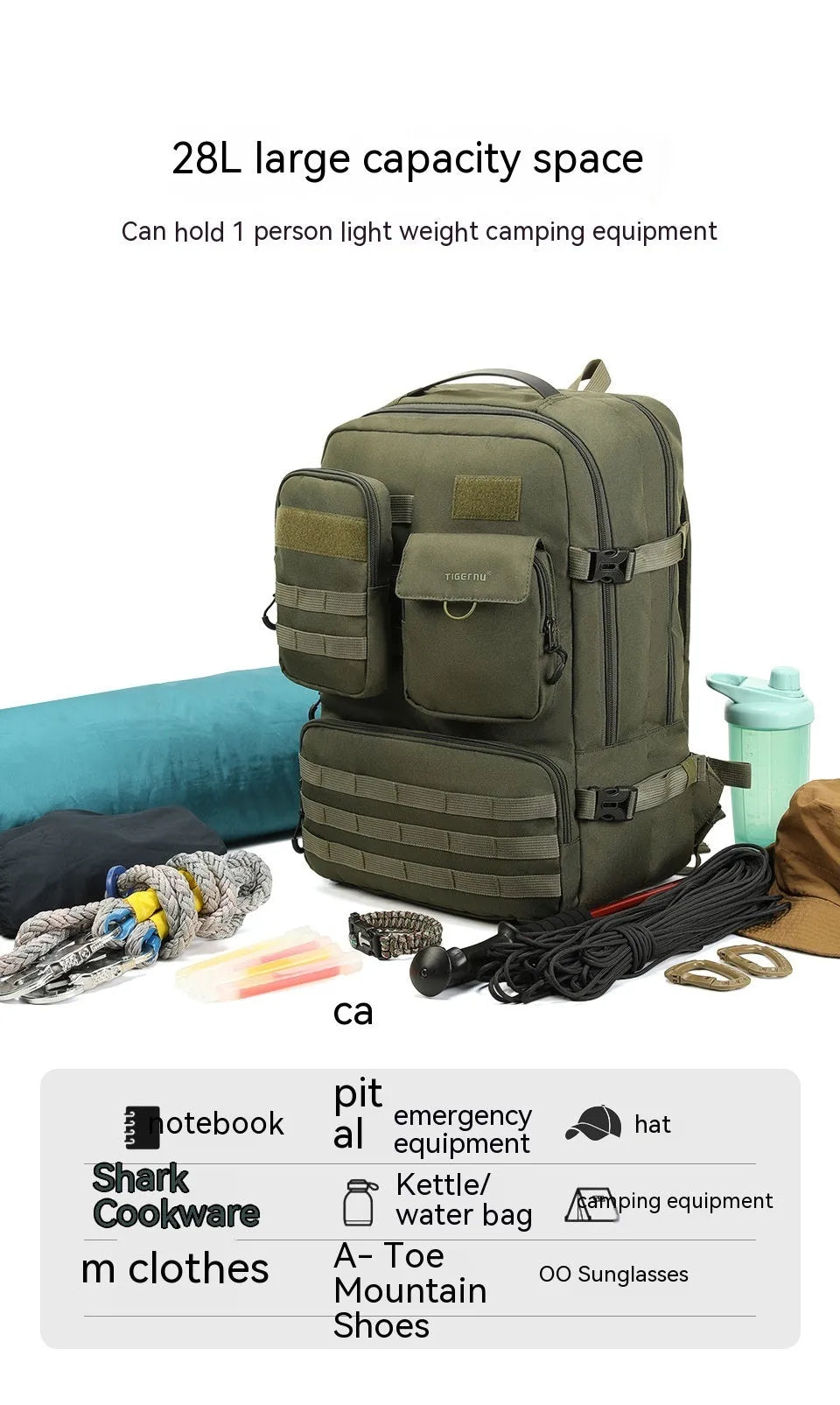 Army Green waterproof tactical backpack with 17-inch frame showing 20-35L capacity