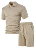 Men's figured cloth short sleeve casual suit with polo top and matching trousers in multiple colour options
