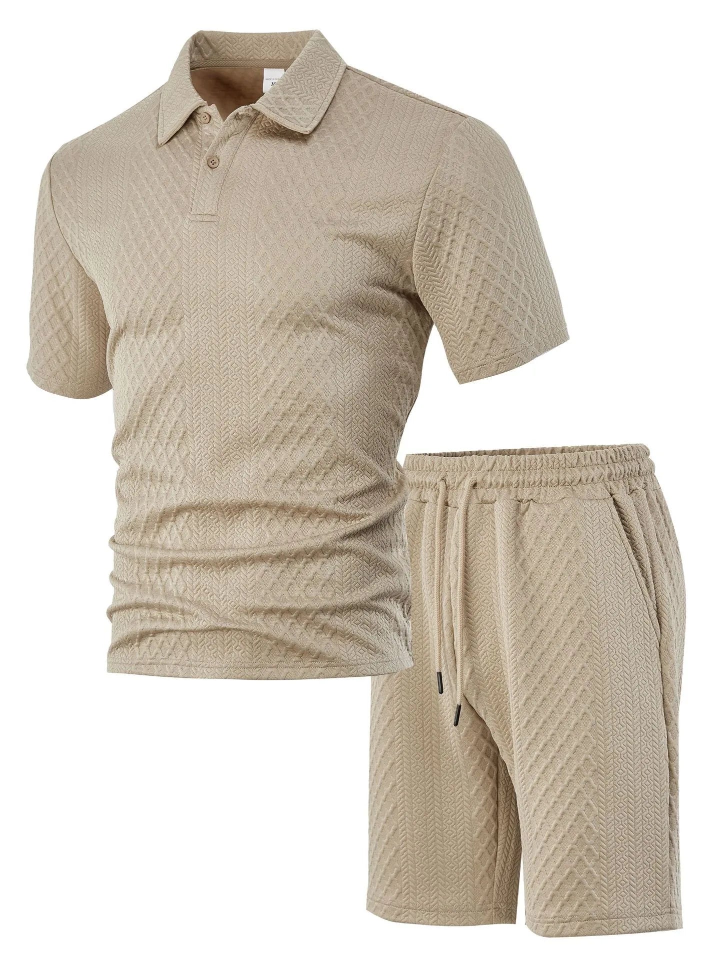 Men's figured cloth short sleeve casual suit with polo top and matching trousers in multiple colour options