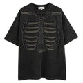 Black cotton t-shirt with skull and letter graphic, drop-shoulder sleeves, loose fit