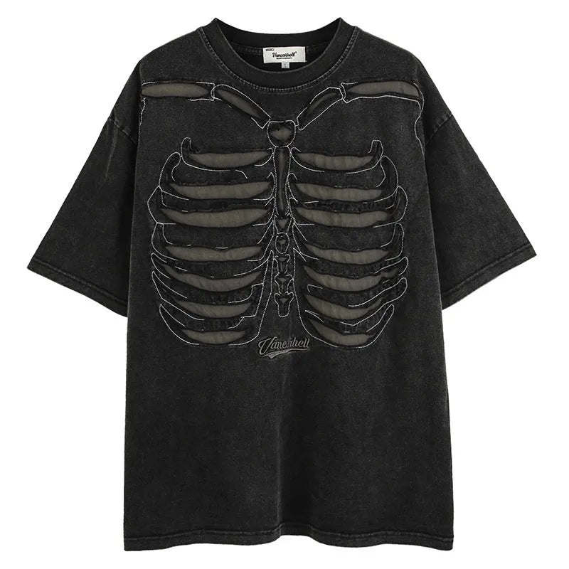 Black cotton t-shirt with skull and letter graphic, drop-shoulder sleeves, loose fit