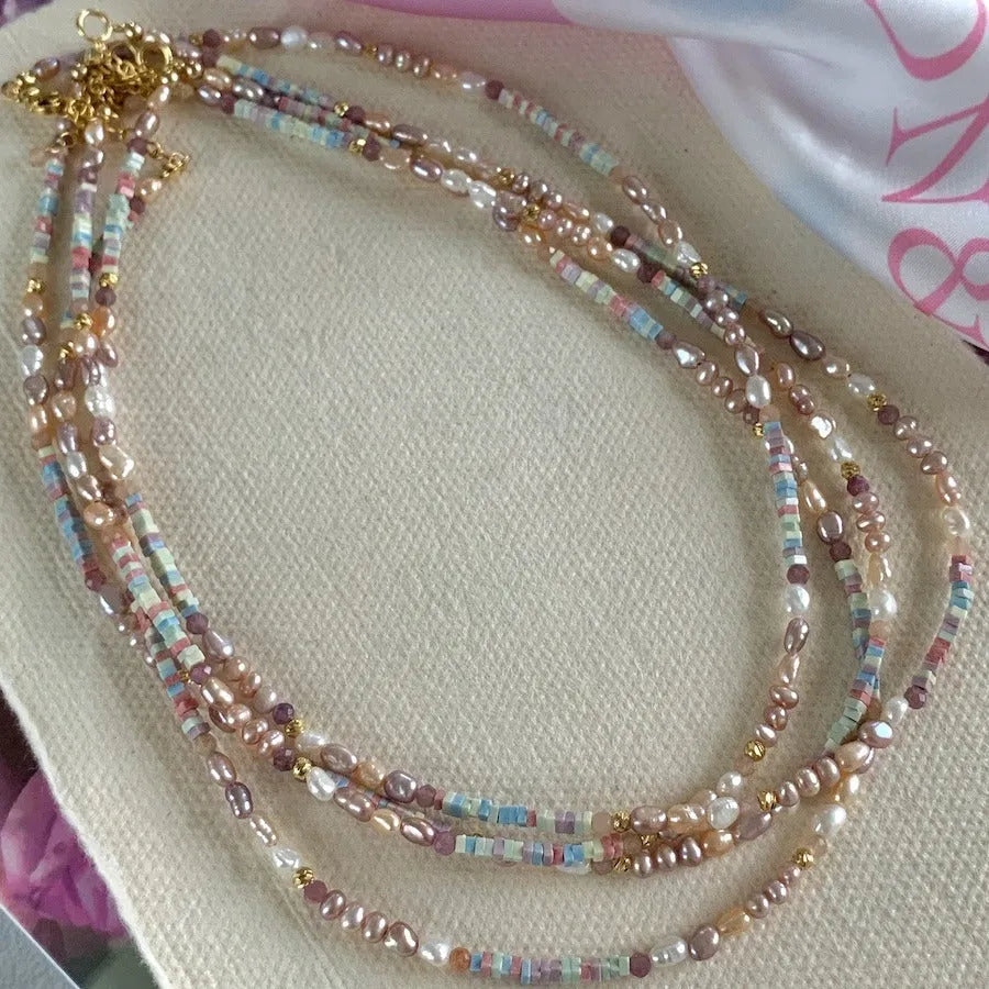 14K gilded purple natural pearl bracelet and necklace set with irregular mini pearls