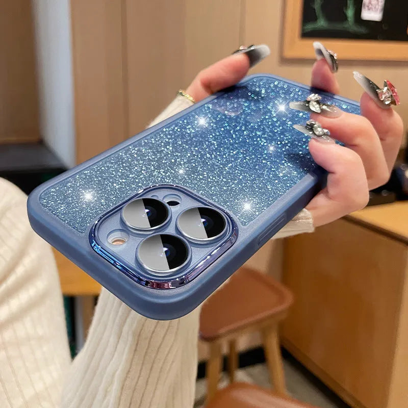 Ultra-thin transparent glitter iPhone case showing gradient colour and electroplating laser effects