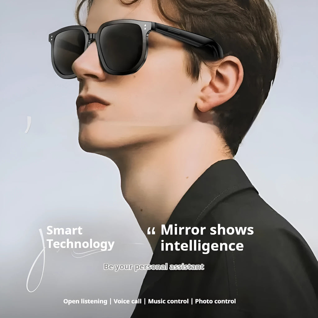 Black AI smart Bluetooth sunglasses with touch controls on frame for wireless audio and calls