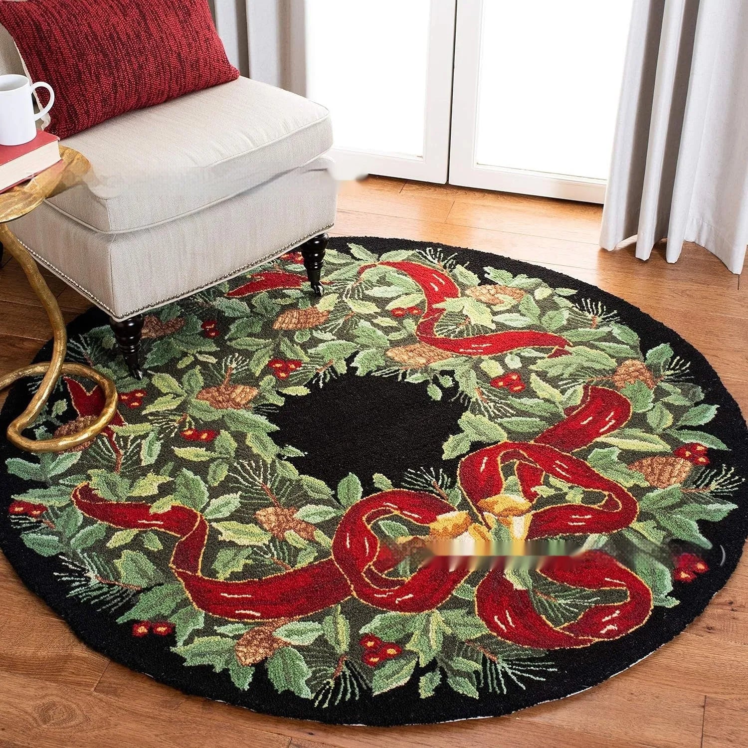 Round Christmas-themed polyester carpet rug with festive printed design