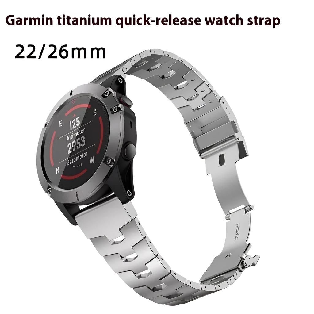Garmin Fenix compatible replacement watch strap in silver, black, and titanium colours showing 22mm and 26mm widths.