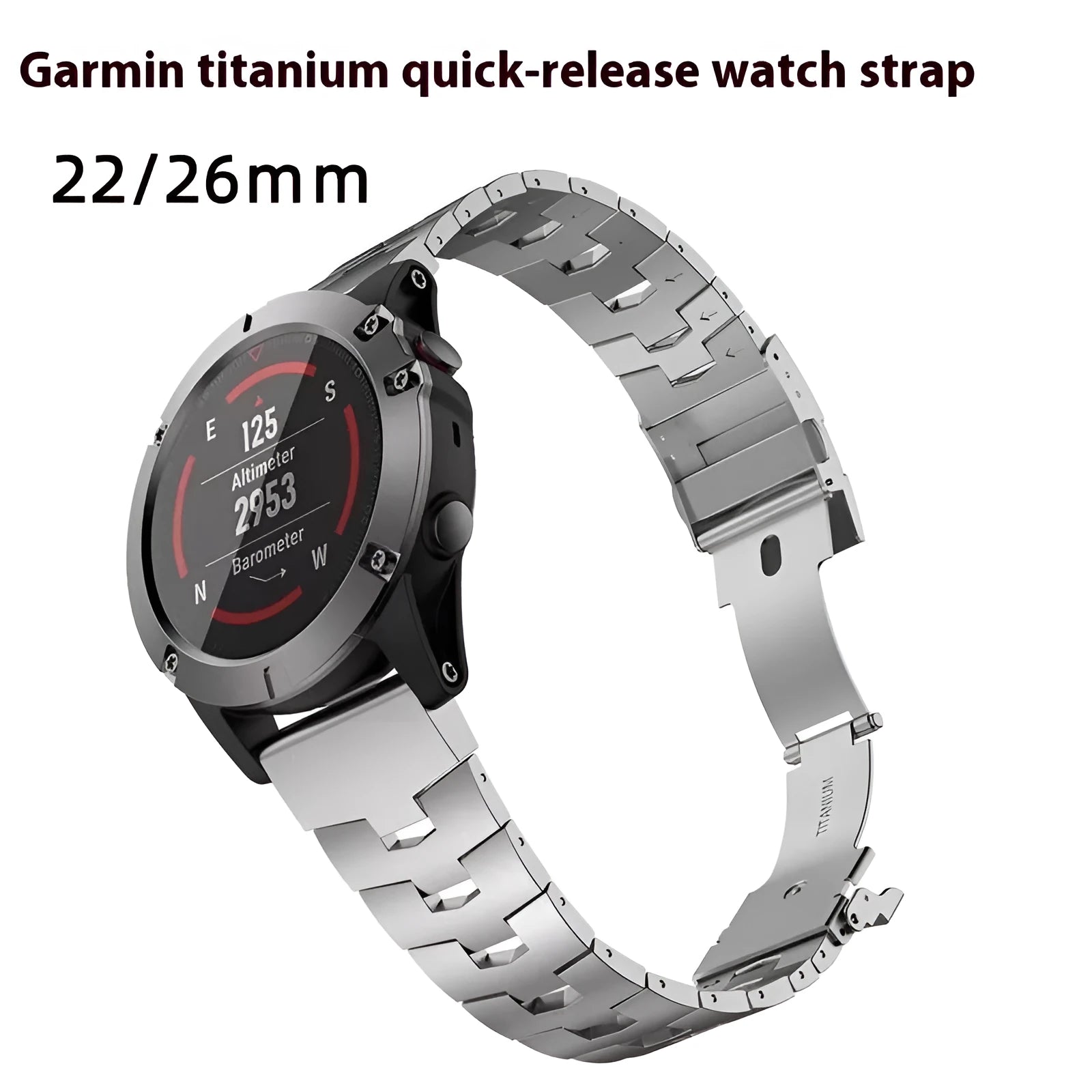 Garmin Fenix compatible replacement watch strap in silver, black, and titanium colours showing 22mm and 26mm widths.