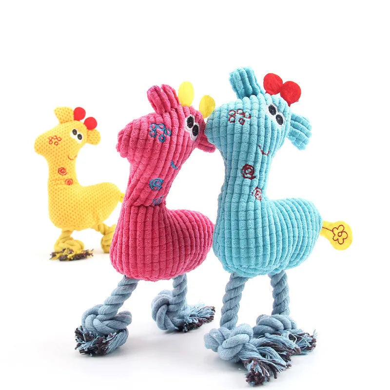 Blue deer-shaped plush dog toy with corn grain texture measuring 28cm
