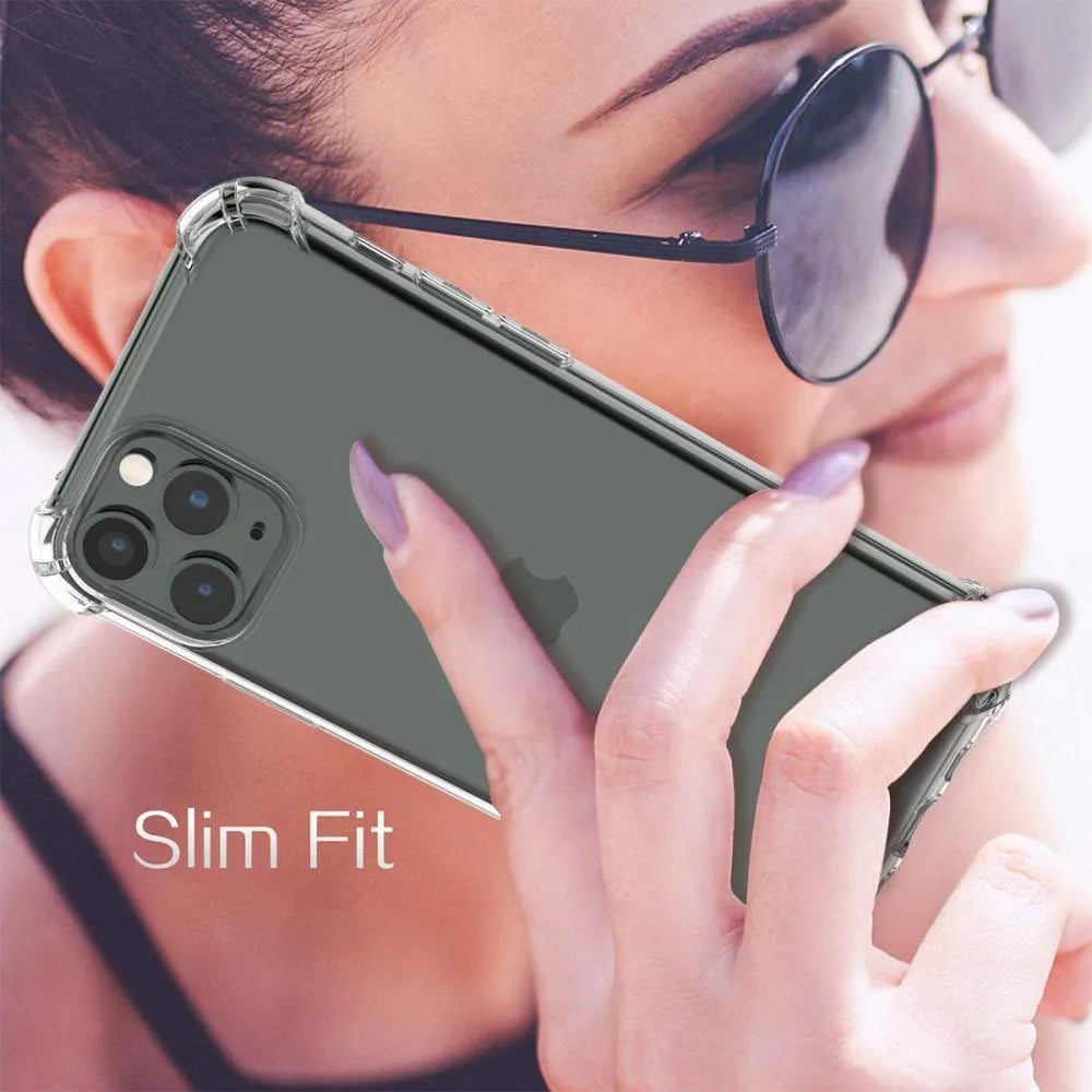 Clear transparent TPU shockproof iPhone case showing compatibility with multiple Apple phone models