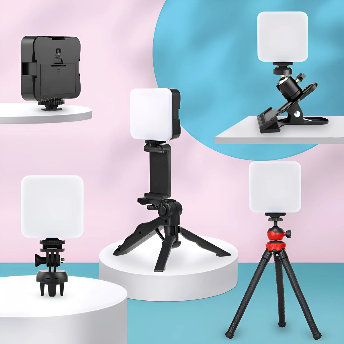 Square-shaped portable camera flash unit with adjustable head on mini tripod mount