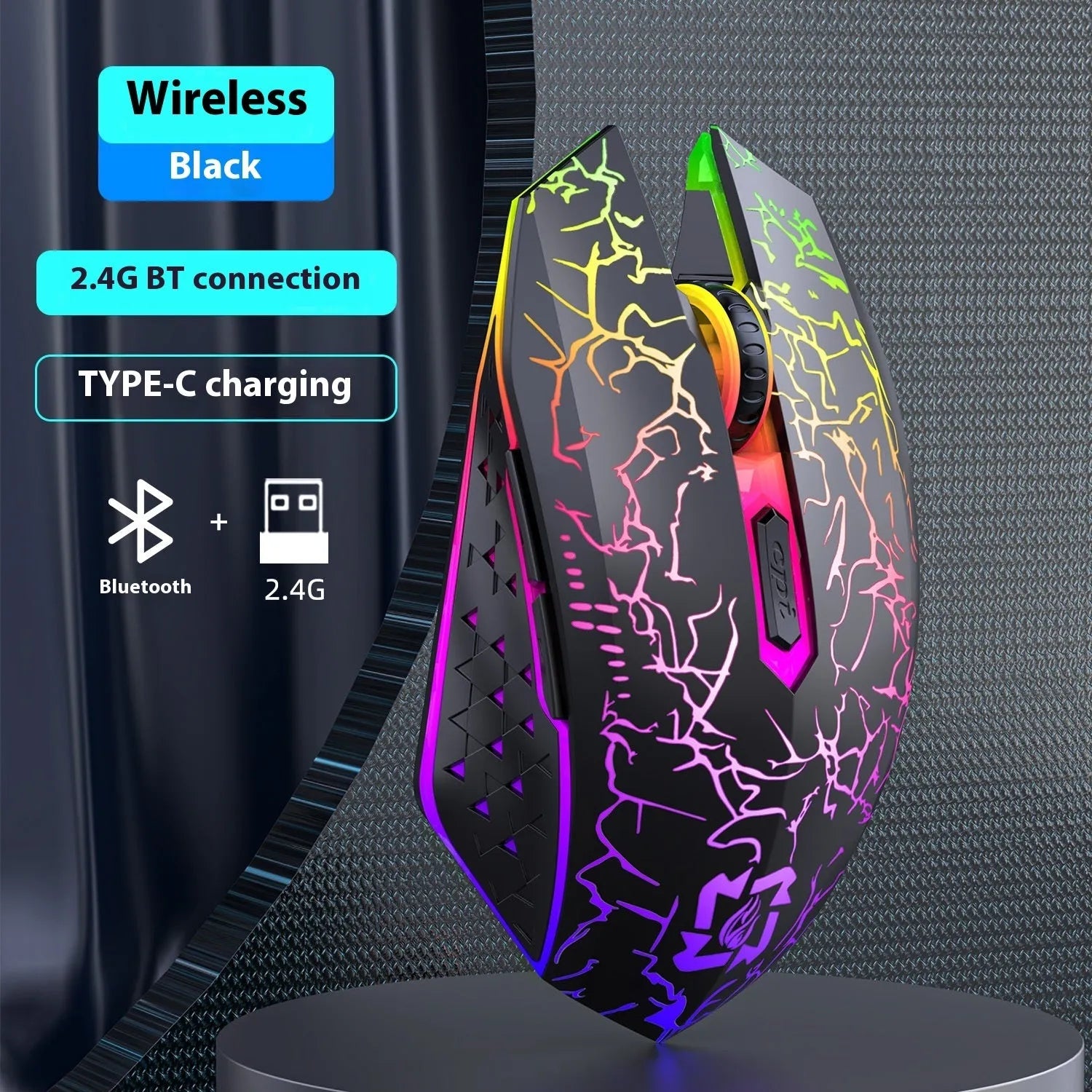 Black and white wireless gaming mouse with luminous breathing light on desktop