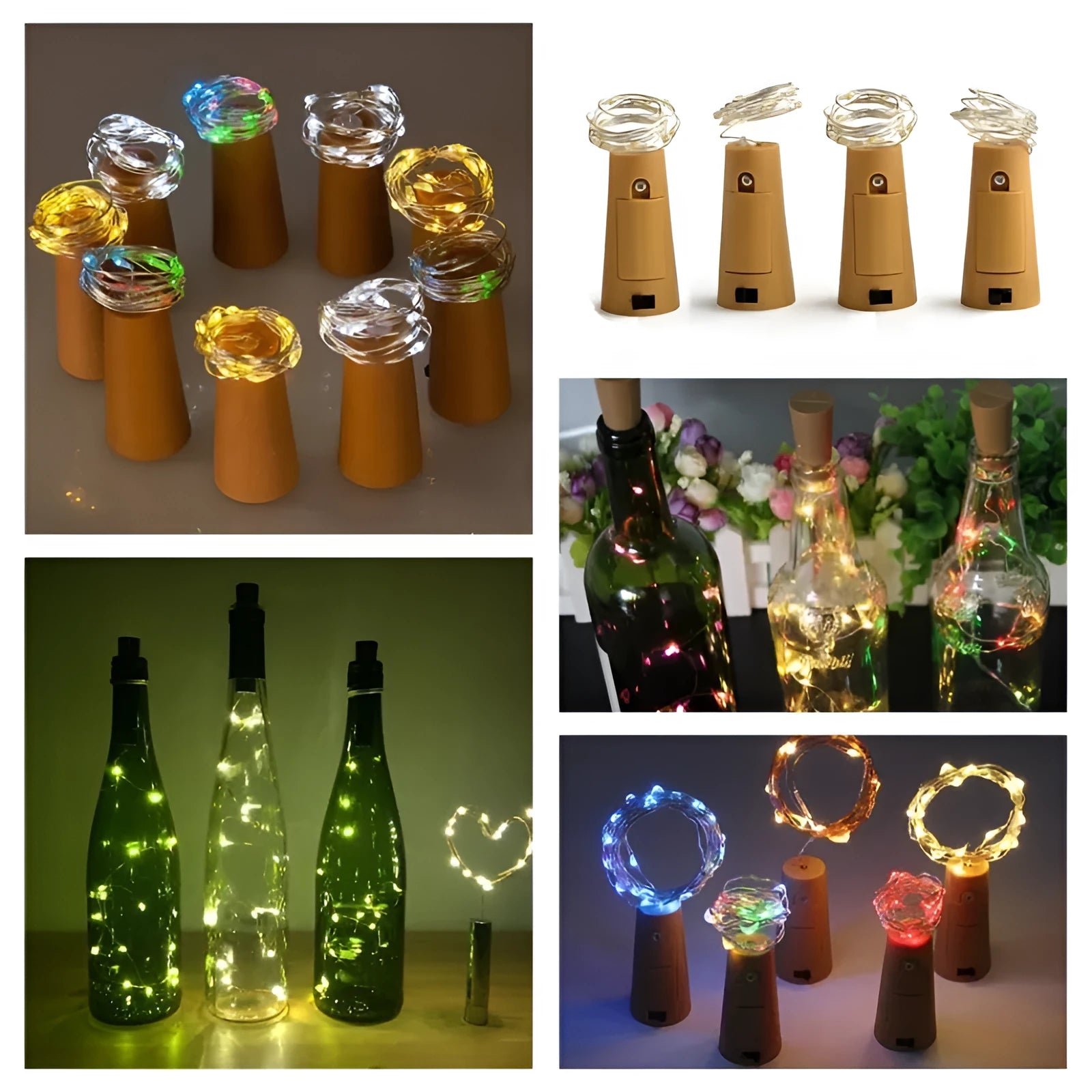 Copper wire LED string light with 20 bulbs inserted into a wine bottle for decorative lighting