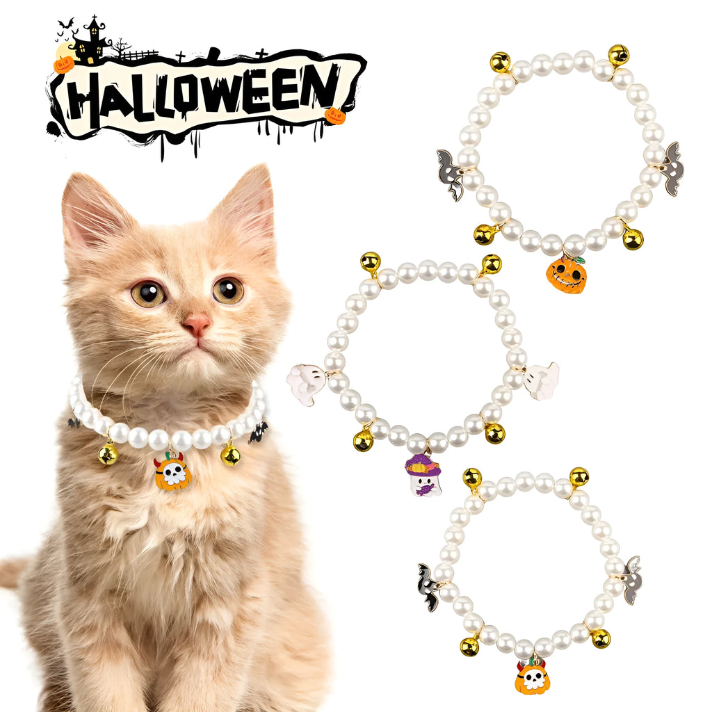 Halloween pet collar decoration with simulated pearl beads and a pumpkin charm.