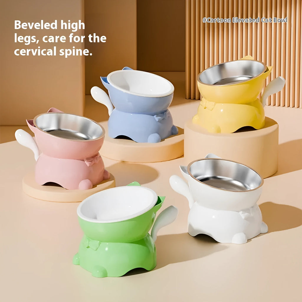Stainless steel oblique angle cat bowl with non-slip base in four colour options