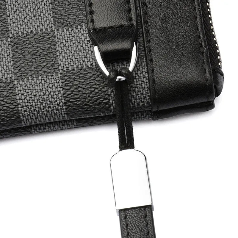 Black leather plaid men's clutch wallet showing first layer cowhide material and 20cm x 10cm dimensions
