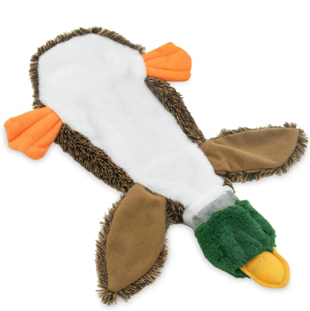 Green wild duck stuffless squeaky dog toy with a fabric loop and soft plush material.