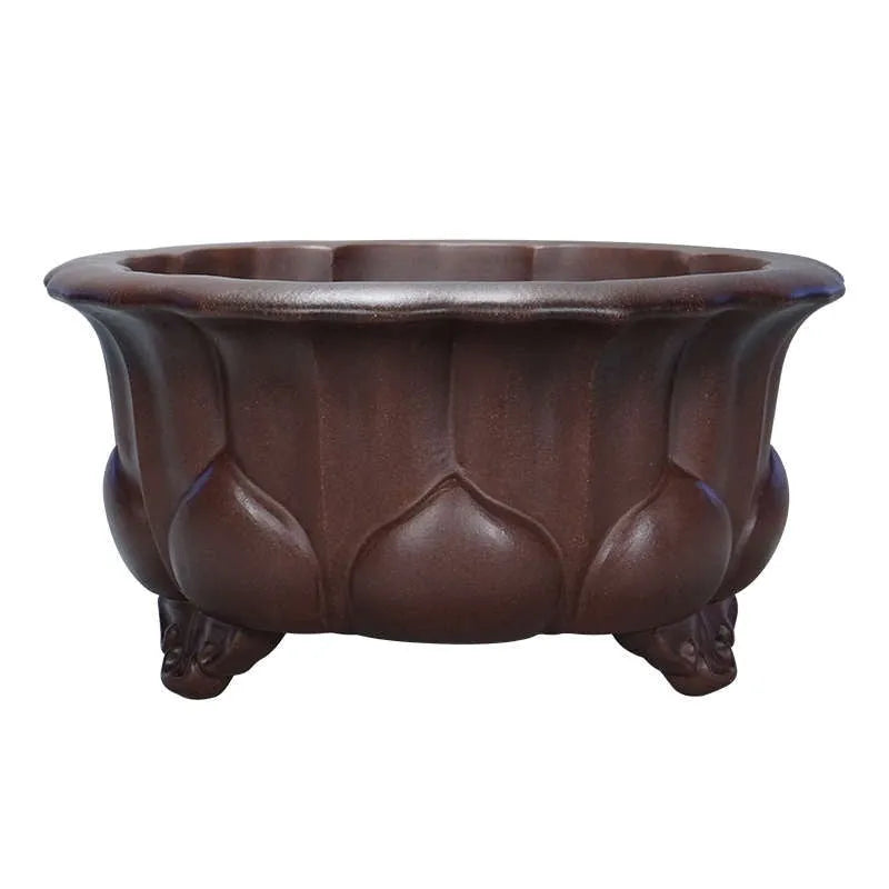 Square purple sand flower pot with petal basin edge in antique Chinese style, 37cm wide.