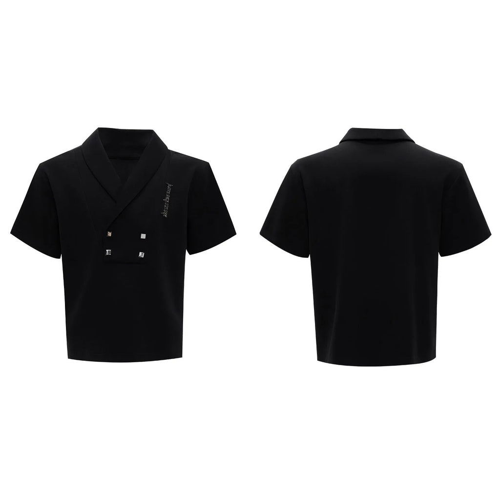Men's dark grey cotton V-neck sports suit with padded shoulders, metal details, and matching shorts.