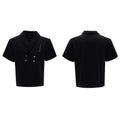 Men's dark grey cotton V-neck sports suit with padded shoulders, metal details, and matching shorts.