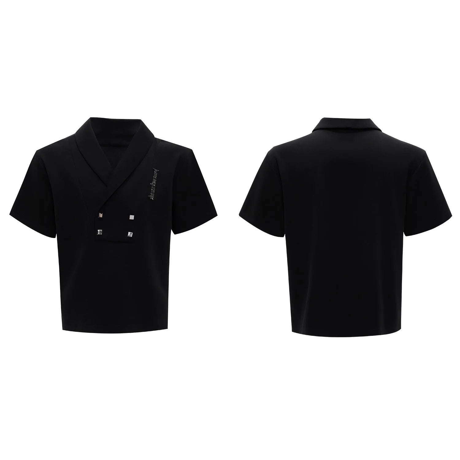 Men's dark grey cotton V-neck sports suit with padded shoulders, metal details, and matching shorts.