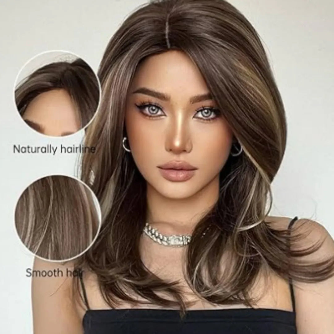 Mid-length curly synthetic wig with long fringe in a platinum gradient colour, available in brown, white gold and wine red.