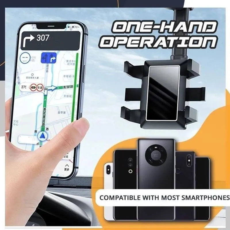 Black rearview mirror car phone holder showing 360-degree rotation and telescopic arm extension.