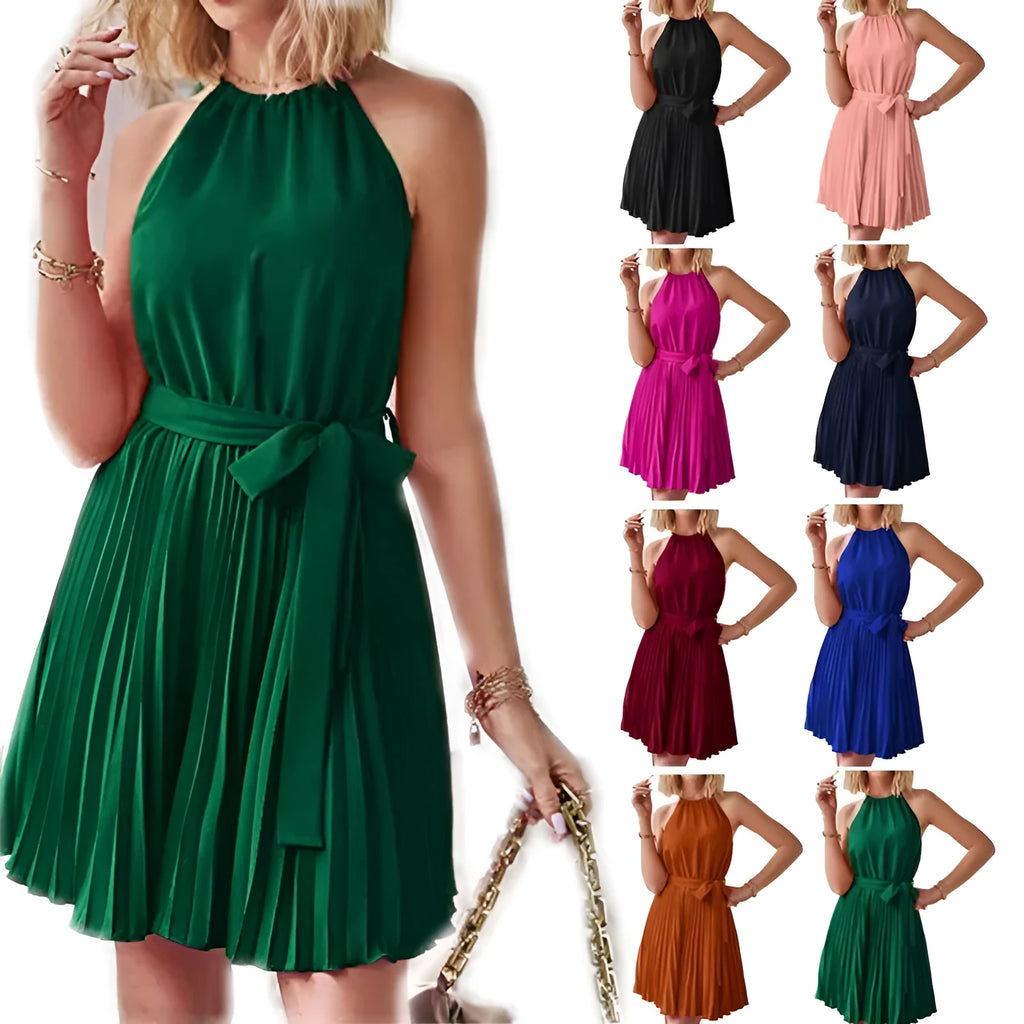 Women's black halter neck strapless sundress with pleated chiffon skirt and adjustable waist belt