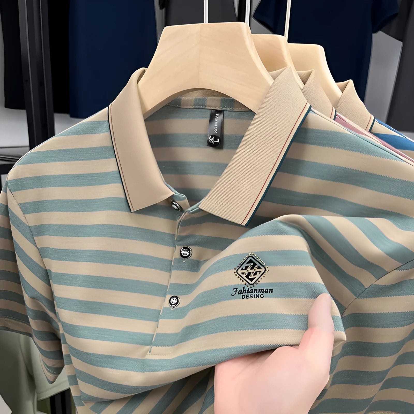 Men's striped casual short sleeve T-shirt in polyester showing mosaic pattern detail.