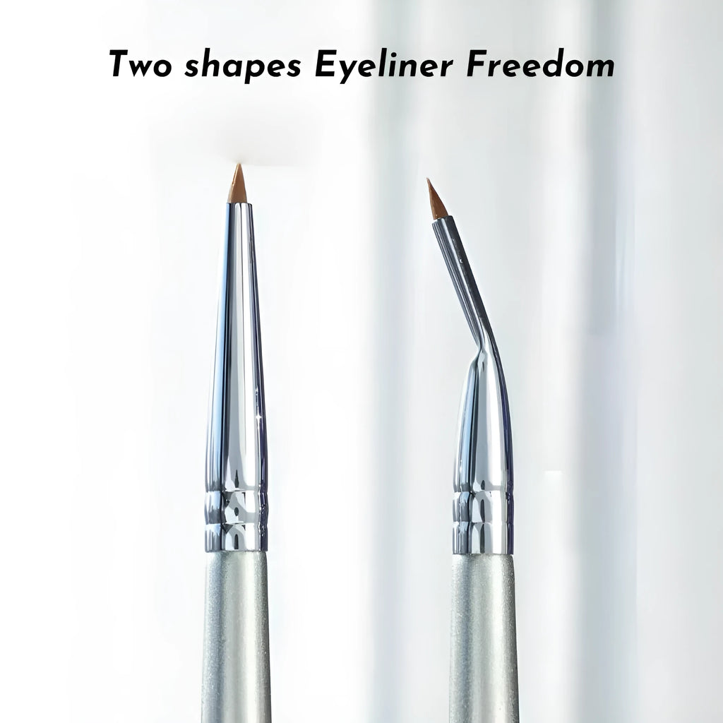 Angled bend head synthetic eyeliner brush for tear trough and under-eye concealer application.