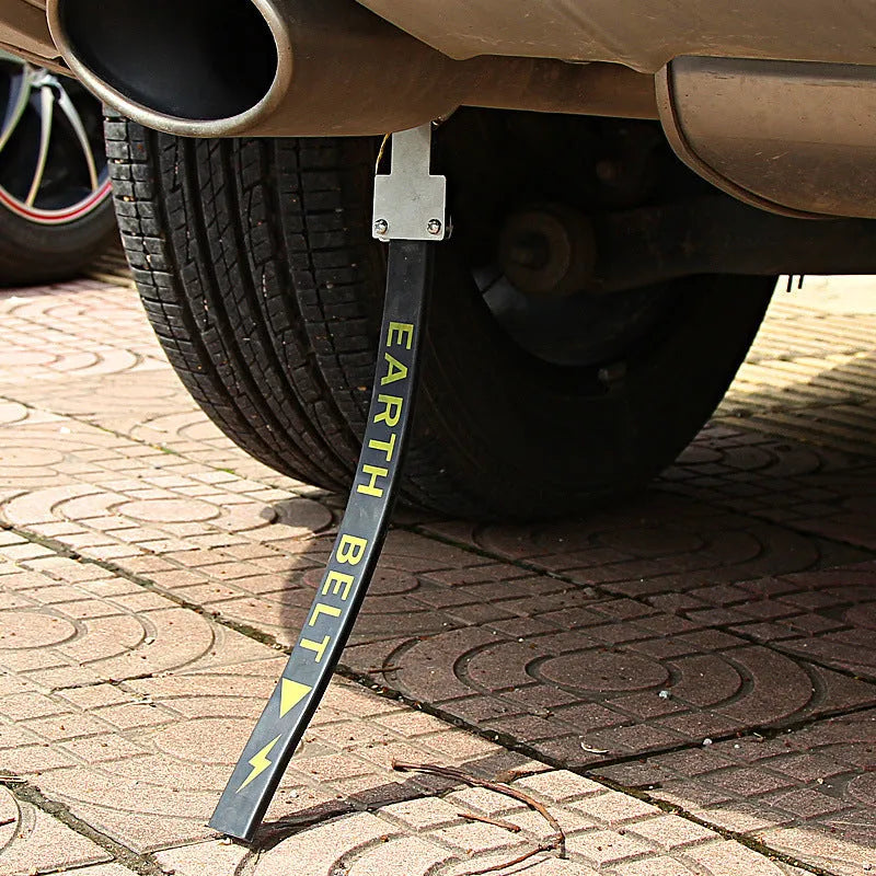 Black car electrostatic grounding belt with copper wire and rubber construction, 370mm long, shown detached.