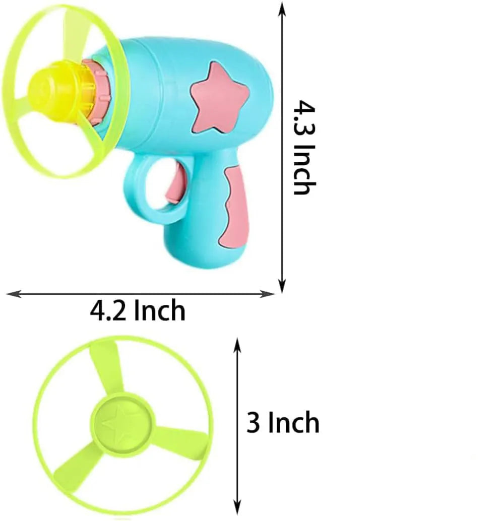 Blue or pink plastic cat toy gun with frisbee, showing compact size for indoor cat play.
