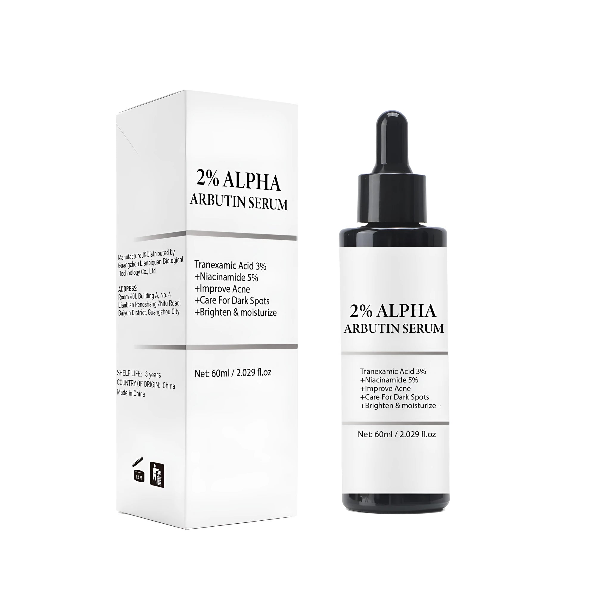 60ml bottle of alpha-arbutin hydrating facial care solution with three-year shelf life.