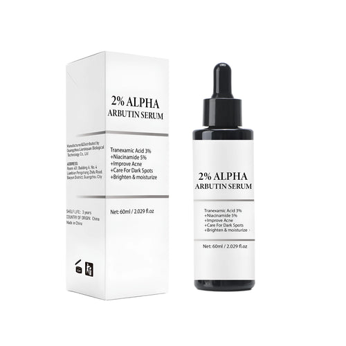60ml bottle of alpha-arbutin hydrating facial care solution with three-year shelf life.