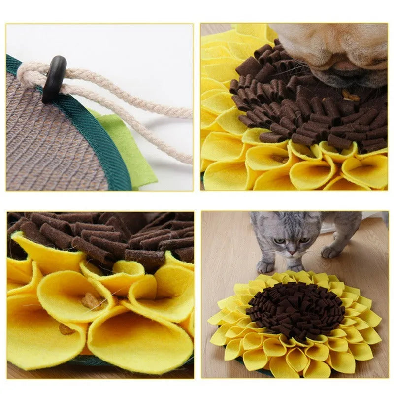 Yellow sunflower-shaped dog snuffle mat with fleece texture and a buckle strap for non-slip use.
