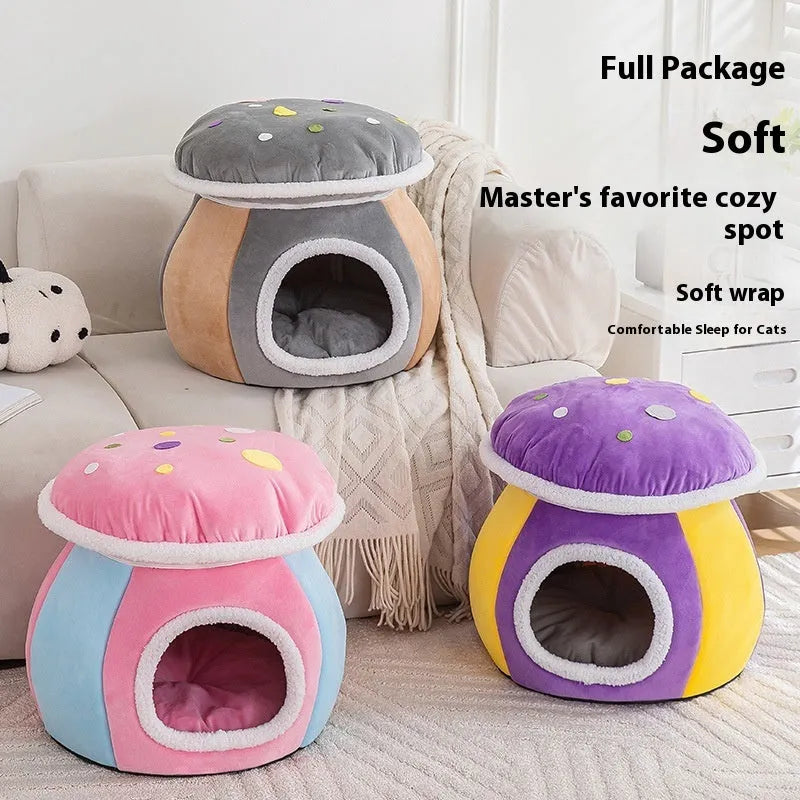 Mushroom-shaped cat nest in thick thermal plush rabbit fur with detachable design