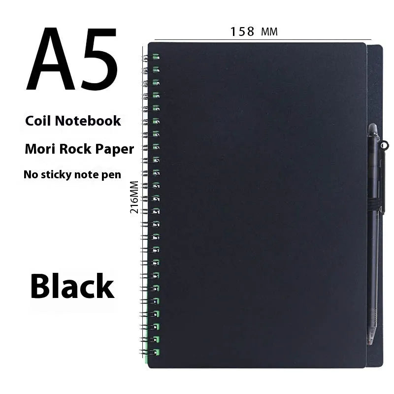 A5 erasable coil notebook with stone paper, open to show reusable pages and included pen, with custom cover options displayed.