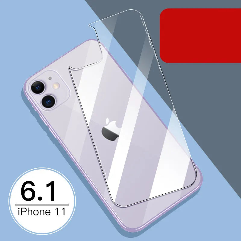 Apple iPhone tempered glass screen protector film for front and rear protection.
