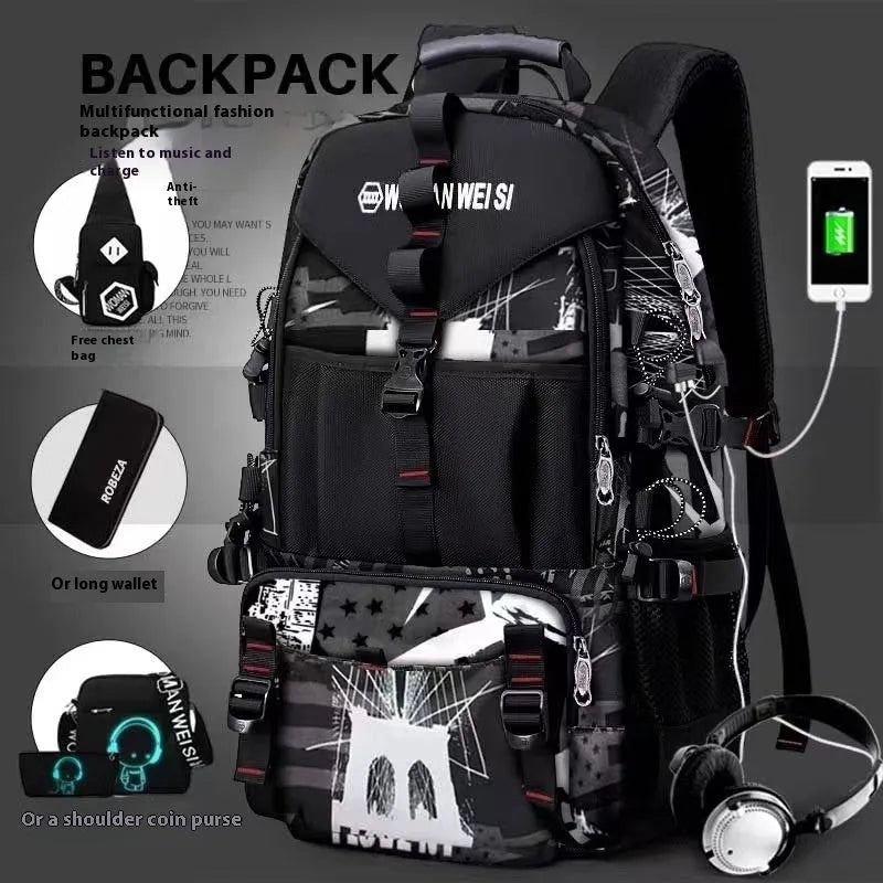 Men's waterproof Oxford cloth hiking backpack in camouflage colour with multiple compartments and air pillow belt system