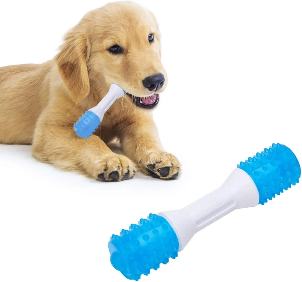 Dual-colour dog chew toy for teething puppies, shown in small, medium, and large sizes.