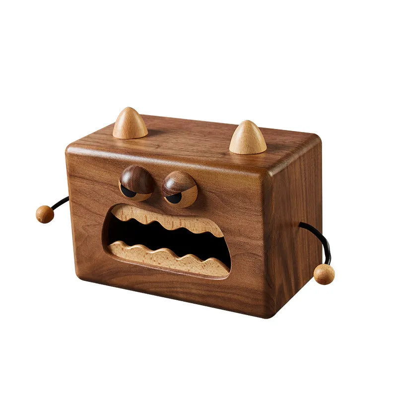 Cartoon little monster wooden tissue box in walnut beech colour measuring 190x104x125mm
