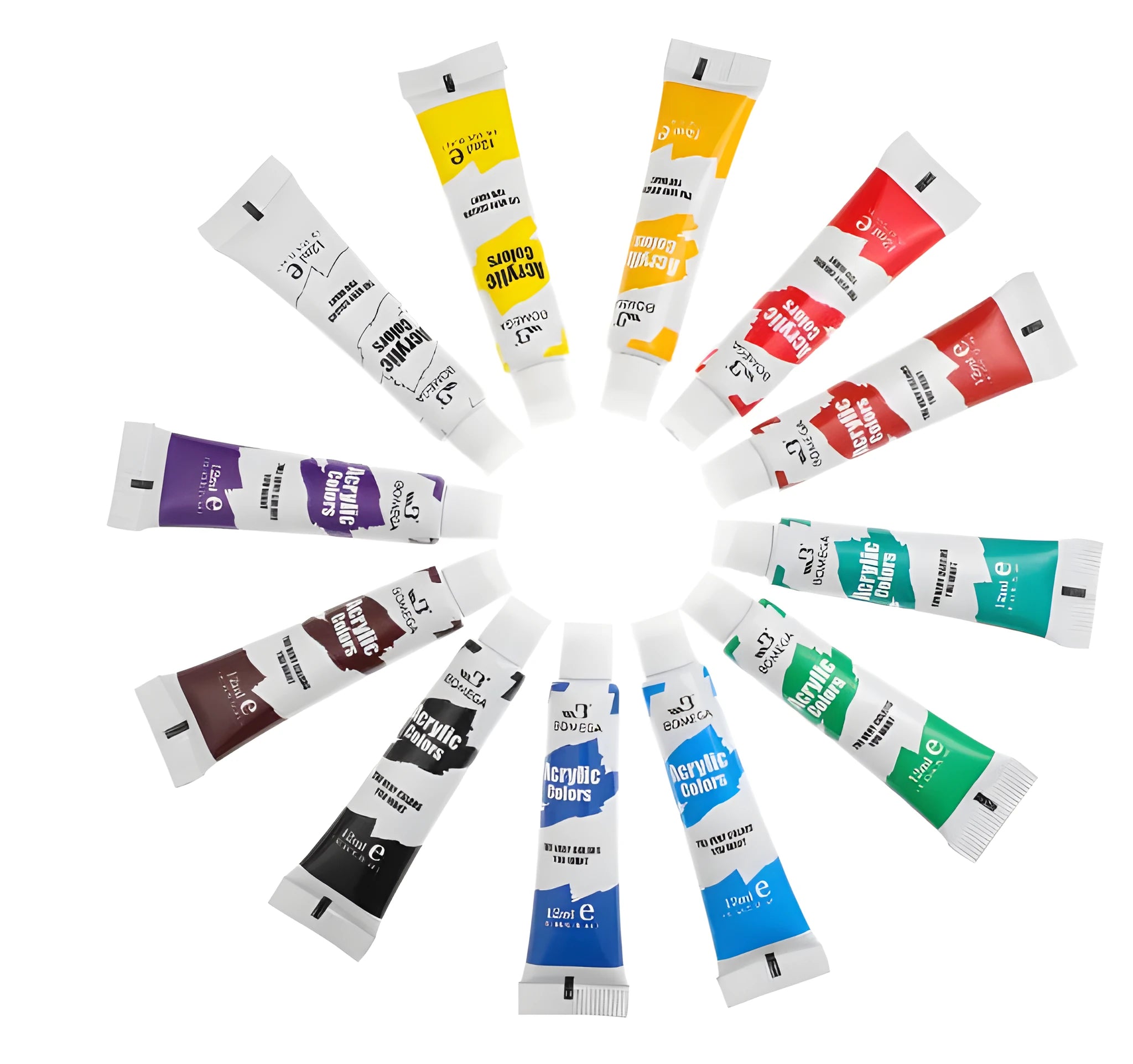 Set of twelve coloured paint tubes for acrylic, gouache, watercolour, and oil painting in 12ml and 6ml sizes.