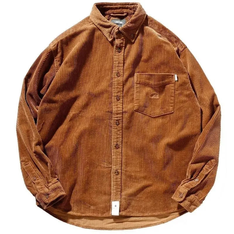 Caramel corduroy long sleeve shirt with loose Japanese Hong Kong style