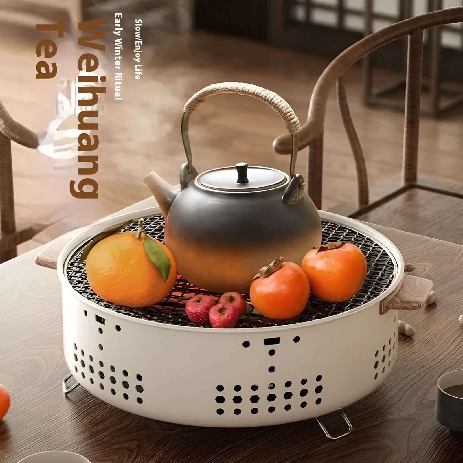 Indoor portable carbon tea cooking stove with charcoal unit and grill rack disk