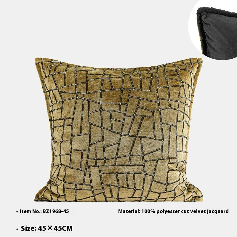 Geometric abstract cushion cover in local tyrant gold colour showing three size options